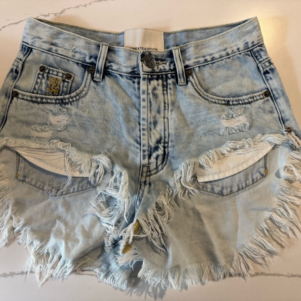 One Teaspoon Light Blue Distressed Denim Shorts